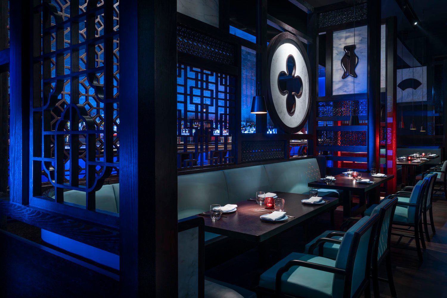 A beautiful restaurant with blue lightings