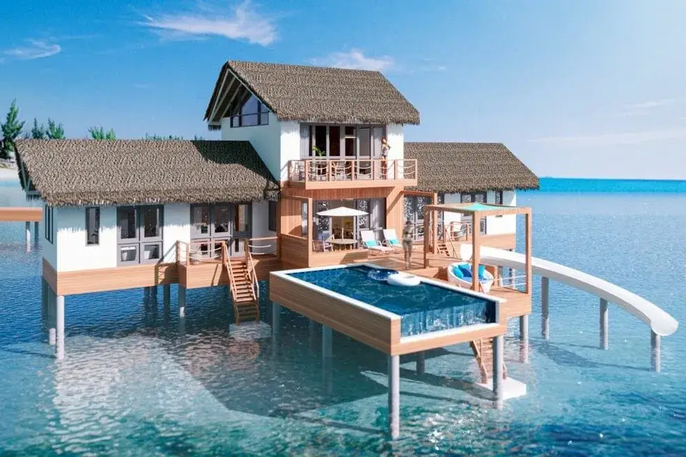 An artist's rendering of a house on stilts in the ocean.