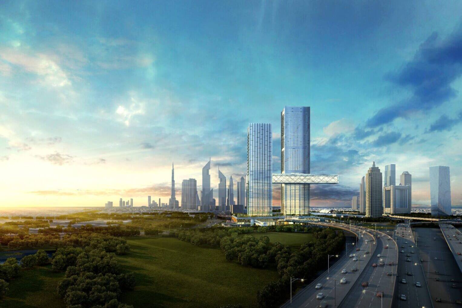 An artist's rendering of a skyscraper in the middle of a city.