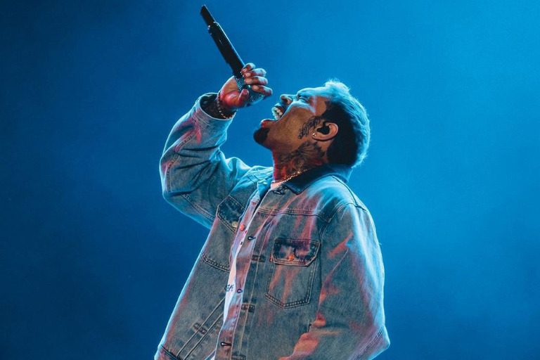 A man in a denim jacket singing into a microphone.